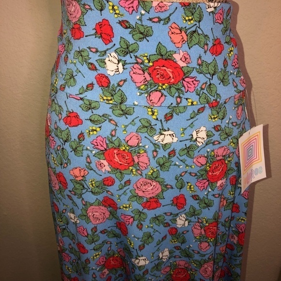 NWT LuLaRoe Azure Skirt Knee Length A Line in Blue with Red & Pink Floral Sz XS - Picture 3 of 6